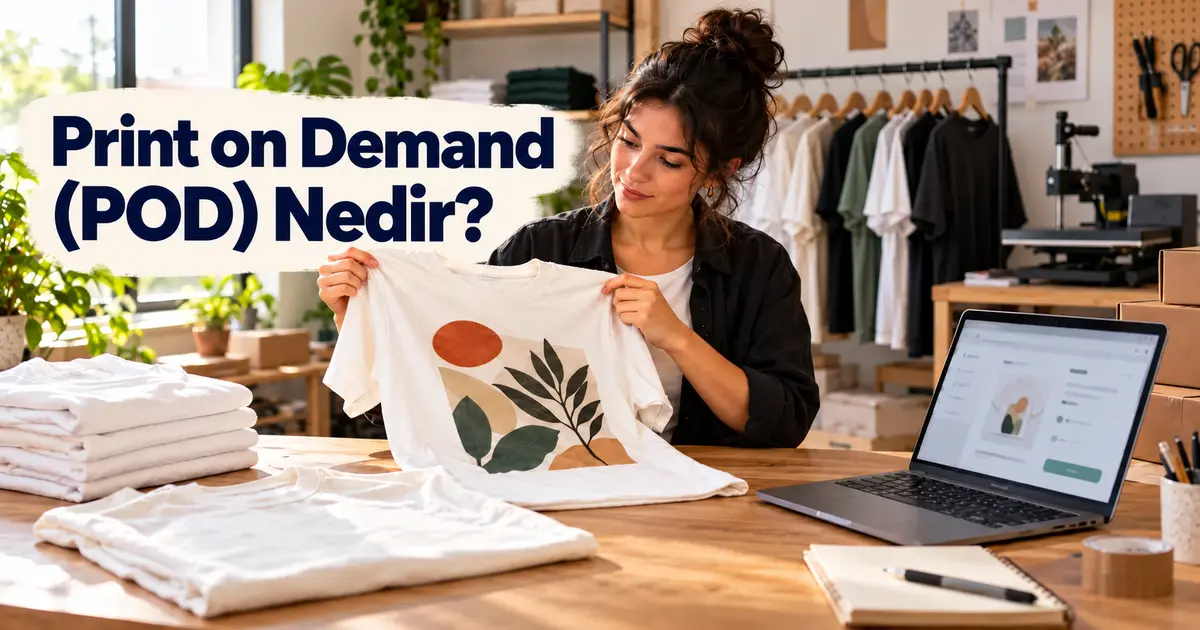 Atölyede baskılı tişörtü inceleyen girişimci; görsel başlığı “Print on Demand (POD) Nedir?”