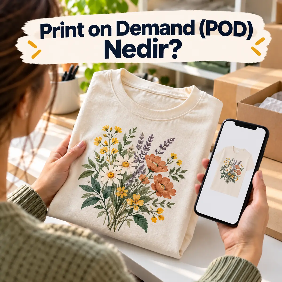 Tasarımlı tişört ve ürün önizlemesi; görsel başlığı “Print on Demand (POD) Nedir?”