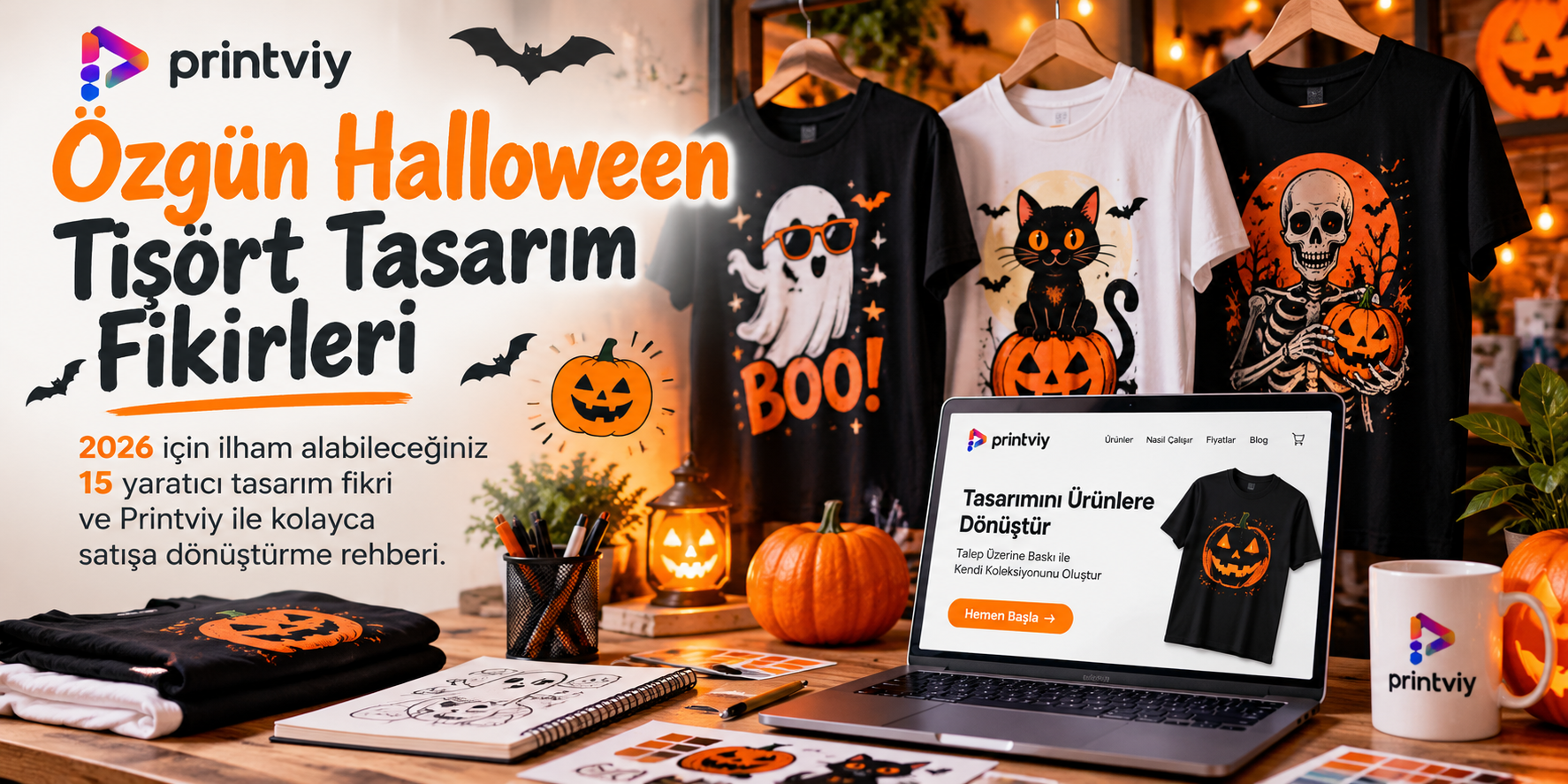 Printviy Halloween tişört tasarım fikirleri; hayalet, siyah kedi, iskelet ve balkabağı desenli tişörtler