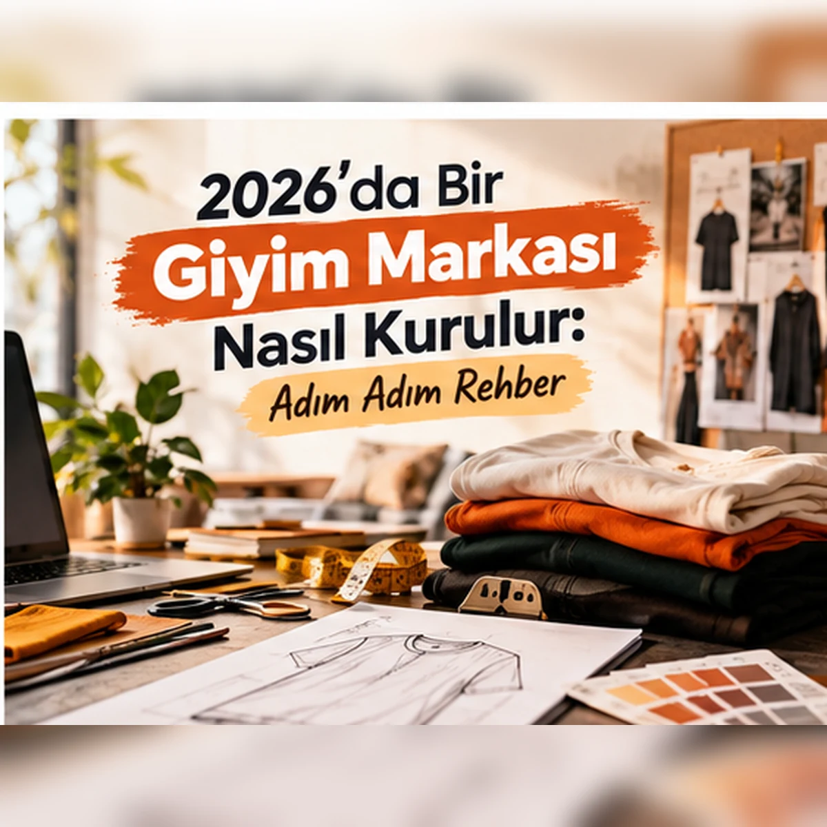 Giyim markası oluşturma sürecinde kıyafet tasarımları, kumaşlar ve çalışma masası.