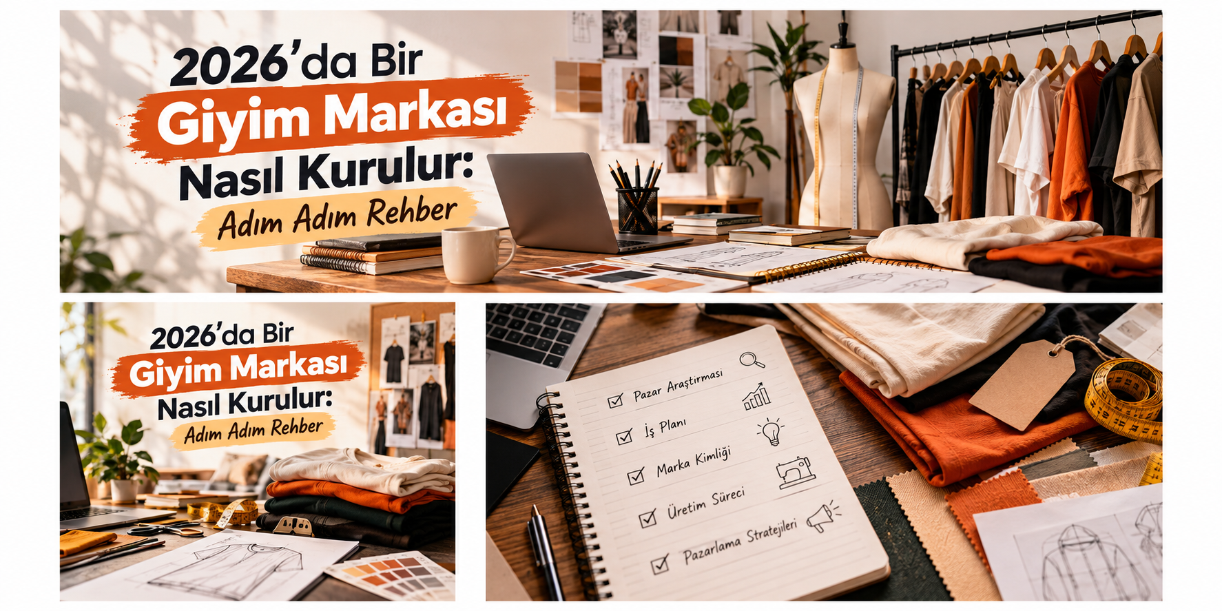 Giyim markası kurma rehberi için tasarım masası, kıyafet askılığı ve numune ürünler.